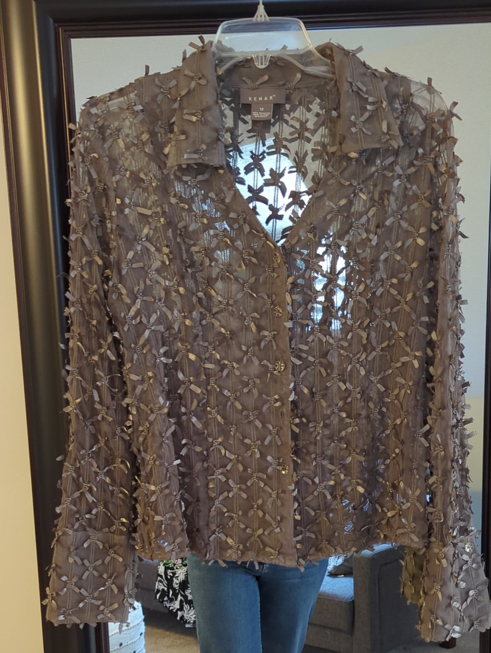 Kenar Taupe Sheer Button-Down Top with 3D Floral Applique